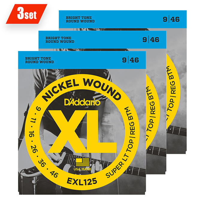 D'Addario <br>EXL125-3D XL Nickel Round Wound Multi-Packs Super Light Top / Regular Bottom 09-46 3set