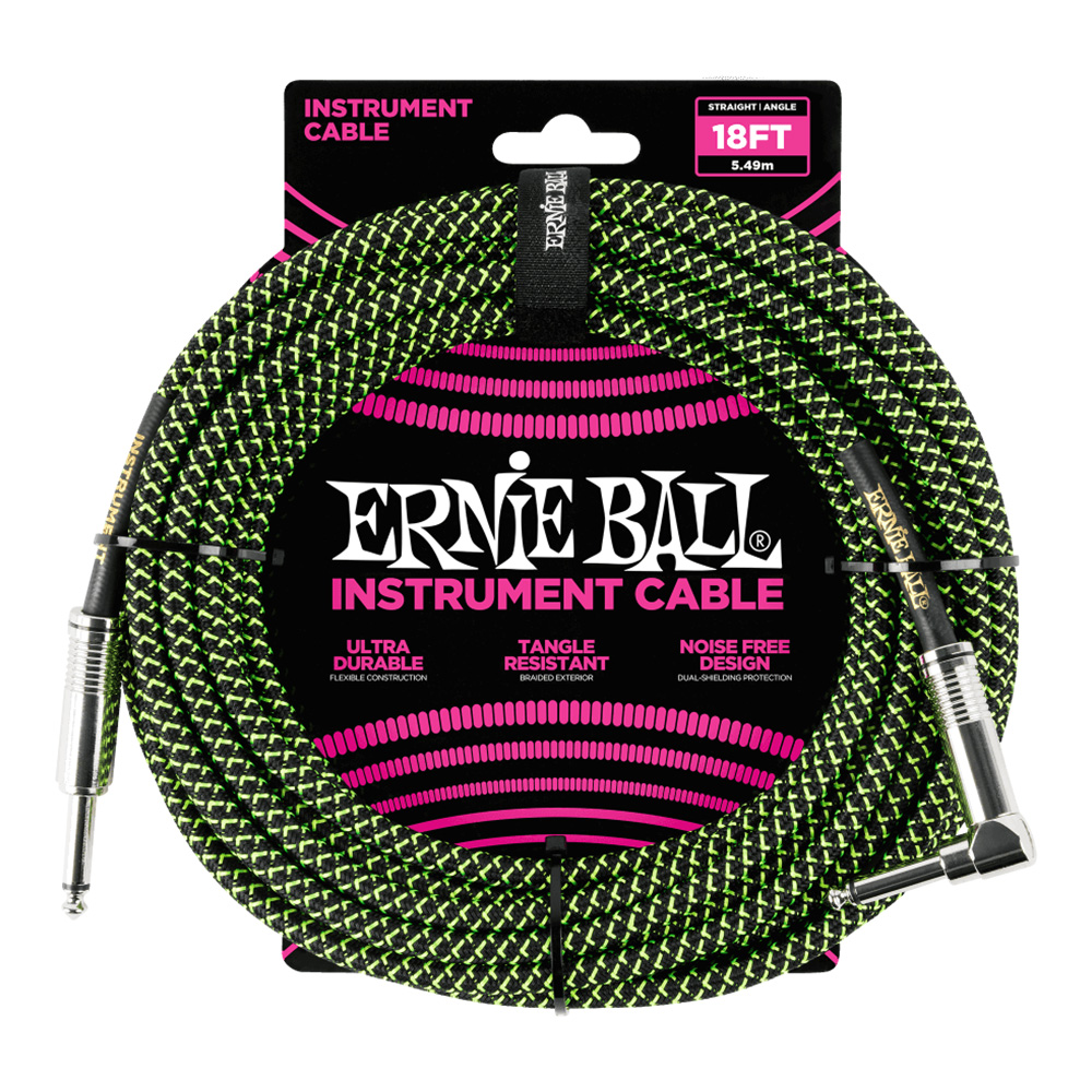 ERNIE BALL <br>#6082 18' Braided Straight / Angle Instrument Cable - Black / Green