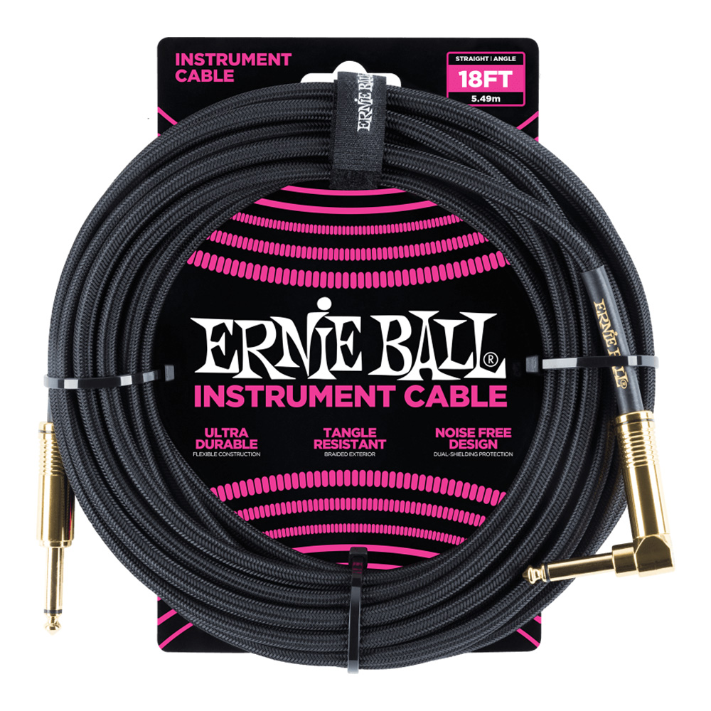 ERNIE BALL <br>#6086 18' Braided Straight / Angle Instrument Cable - Black