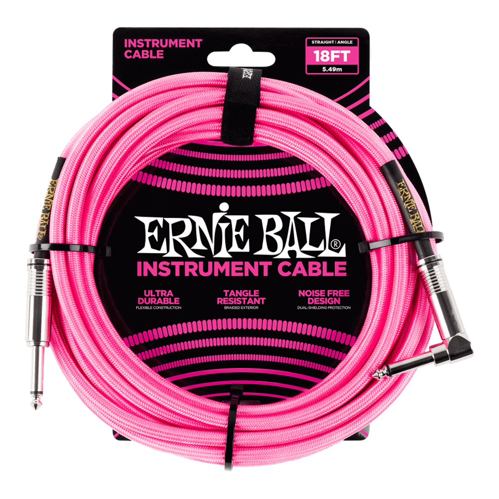 ERNIE BALL <br>#6083 18' Braided Straight / Angle Instrument Cable - Neon Pink