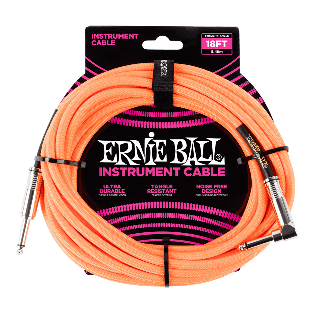 ERNIE BALL <br>#6084 18' Braided Straight / Angle Instrument Cable - Neon Orange