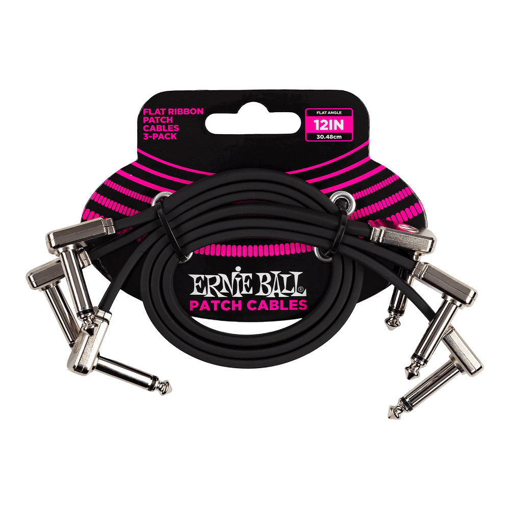 ERNIE BALL <br>#6222 12" Flat Ribbon Patch Cable 3-Pack - Black