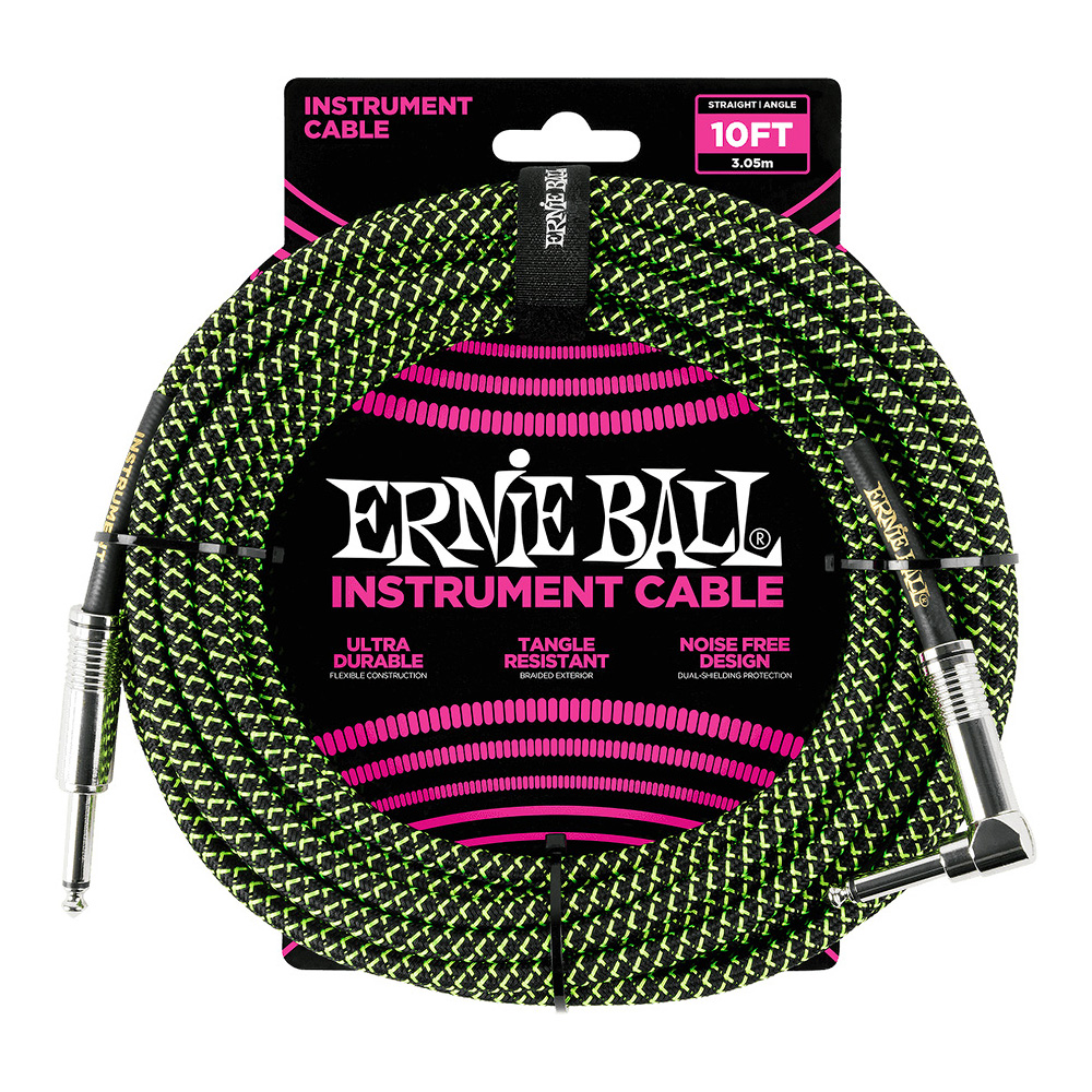 ERNIE BALL <br>#6077 10' Braided Straight / Angle Instrument Cable - Black / Green