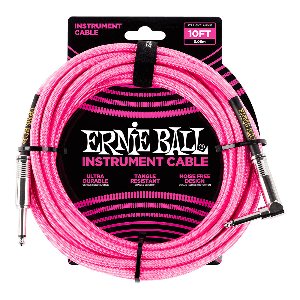 ERNIE BALL <br>#6078 10' Braided Straight / Angle Instrument Cable - Neon Pink