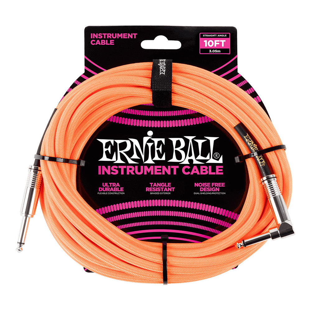 ERNIE BALL <br>#6079 10' Braided Straight / Angle Instrument Cable - Neon Orange