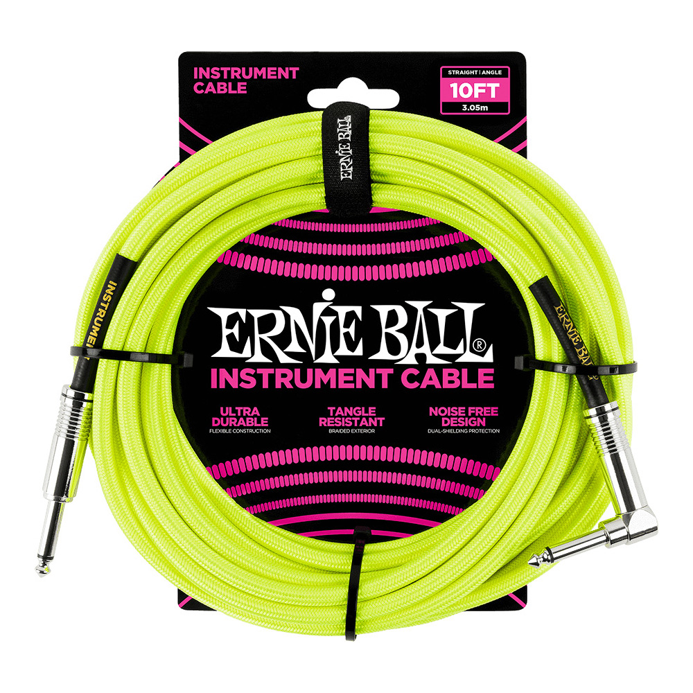 ERNIE BALL <br>#6080 10' Braided Straight / Angle Instrument Cable Neon - Yellow