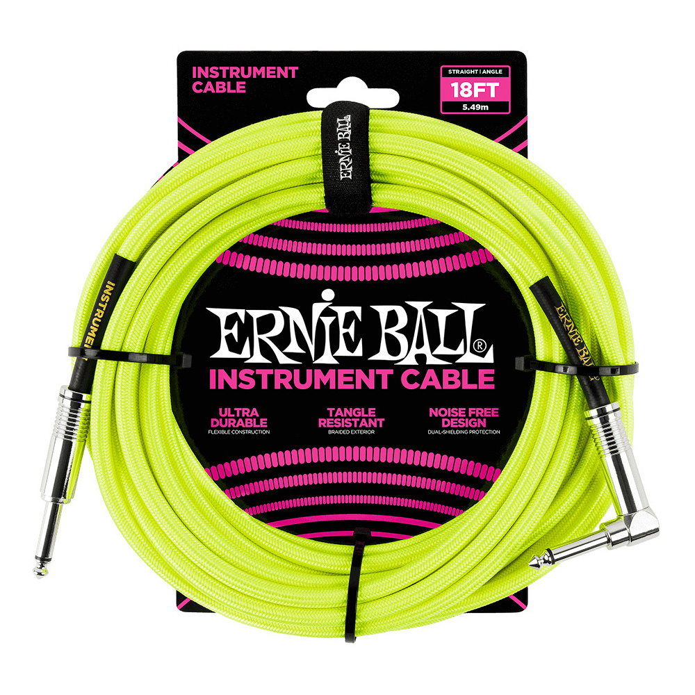 ERNIE BALL <br>#6085 18' Braided Straight / Angle Instrument Cable Neon - Yellow