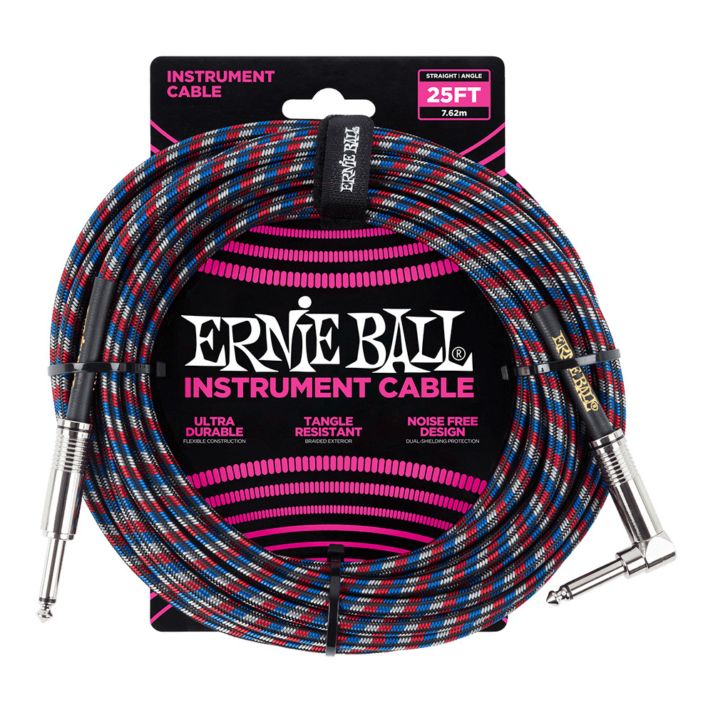 ERNIE BALL <br>#6063 25' Braided Straight / Angle Instrument Cable - Black / Red / Blue / White