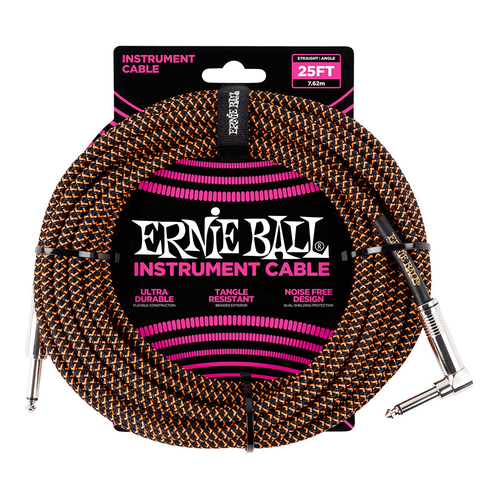 ERNIE BALL <br>#6064 25' Braided Straight / Angle Instrument Cable - Black / Orange
