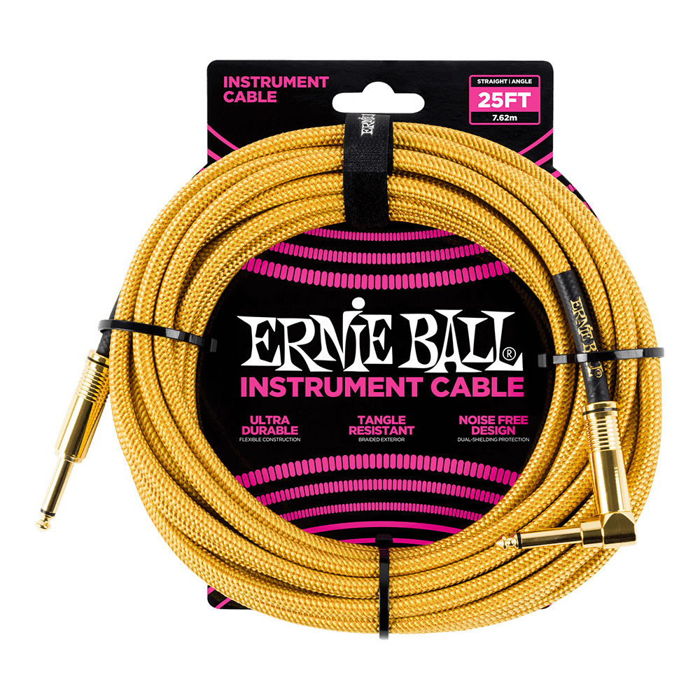 ERNIE BALL <br>#6070 25' Braided Straight / Angle Instrument Cable - Gold / Gold