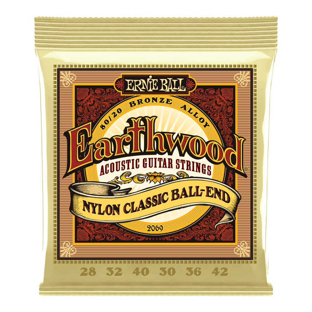 ERNIE BALL <br>#2069 Earthwood Folk Nylon, Clear & Gold Ball End, 80/20 Bronze 28-42