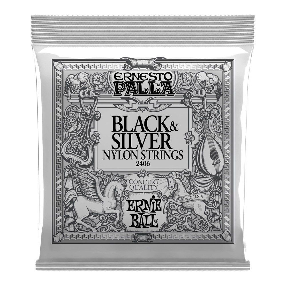 ERNIE BALL <br>#2406 Ernesto Palla Black & Silver Nylon  28-42