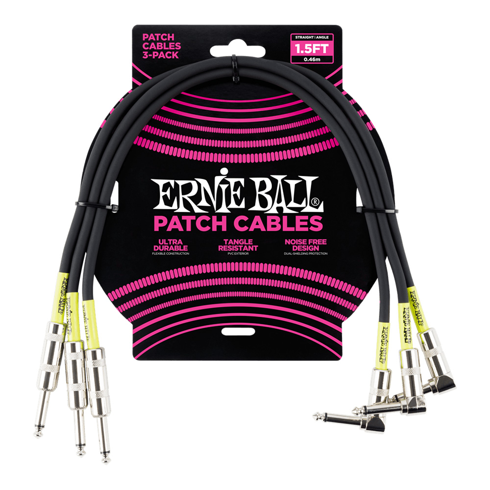 ERNIE BALL <br>#6076 1.5' Straight / Angle Patch Cable 3-Pack - Black