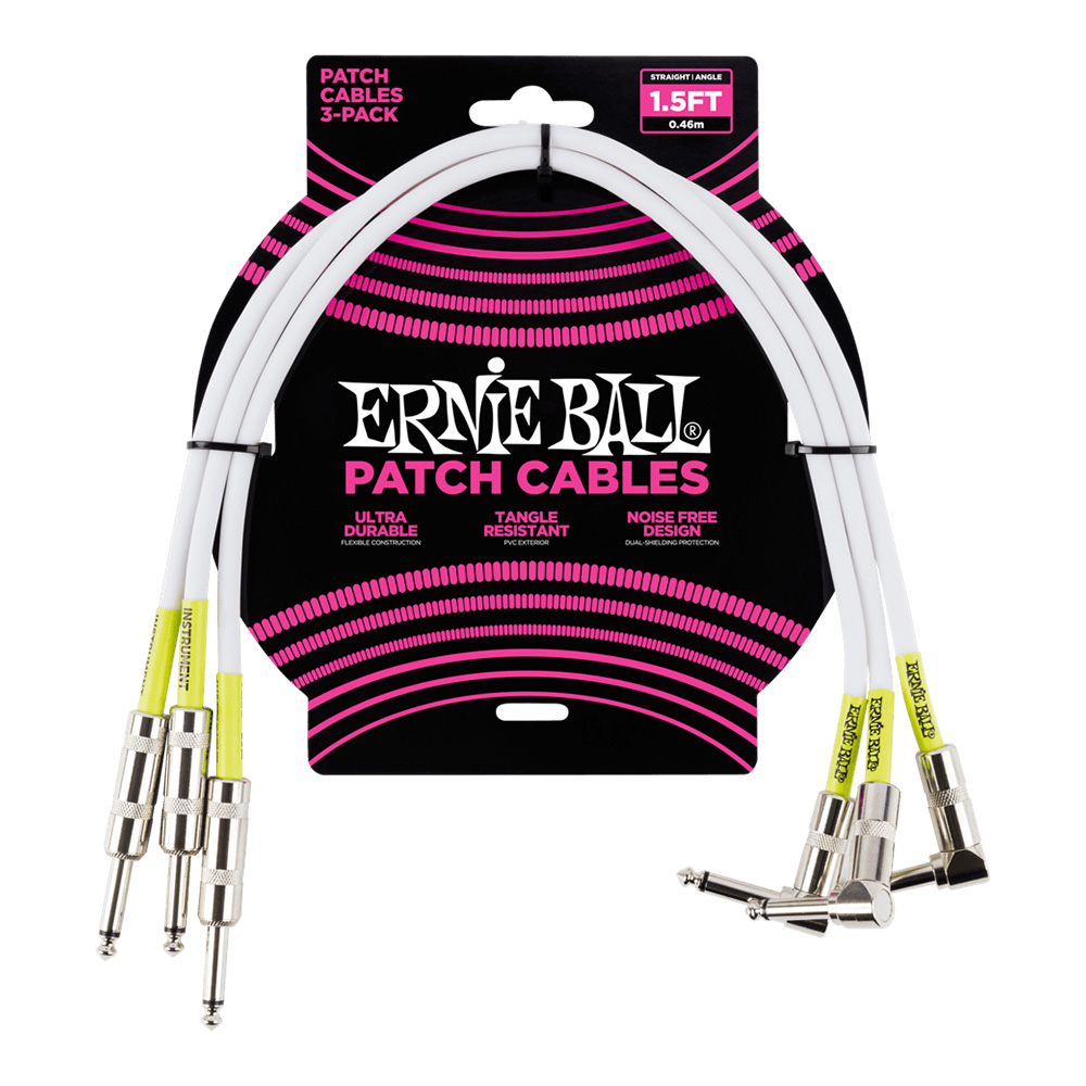 ERNIE BALL <br>#6056 1.5' Straight / Angle Patch Cable 3-Pack - White