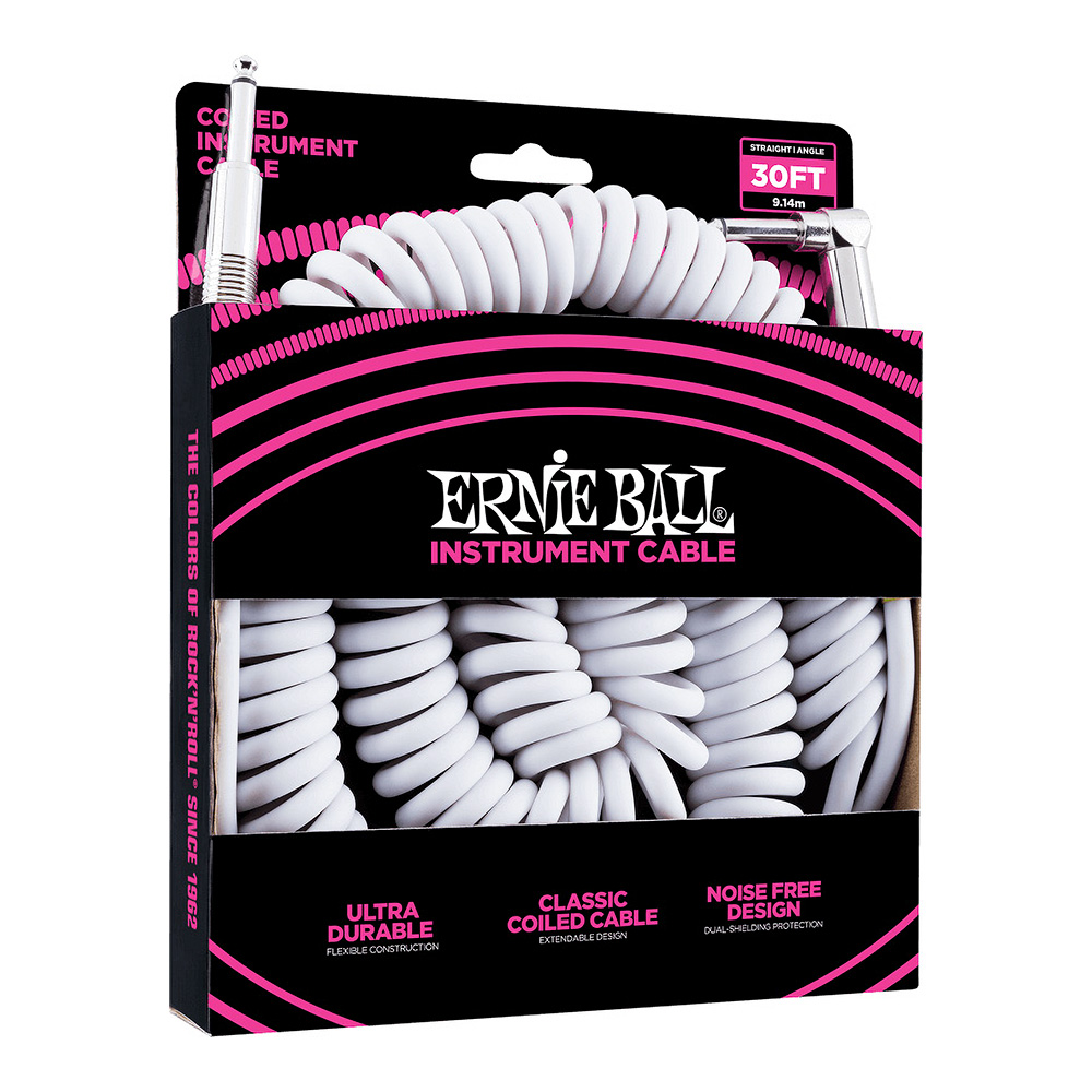 ERNIE BALL <br>#6045 30' Coiled Straight / Angle Instrument Cable - White