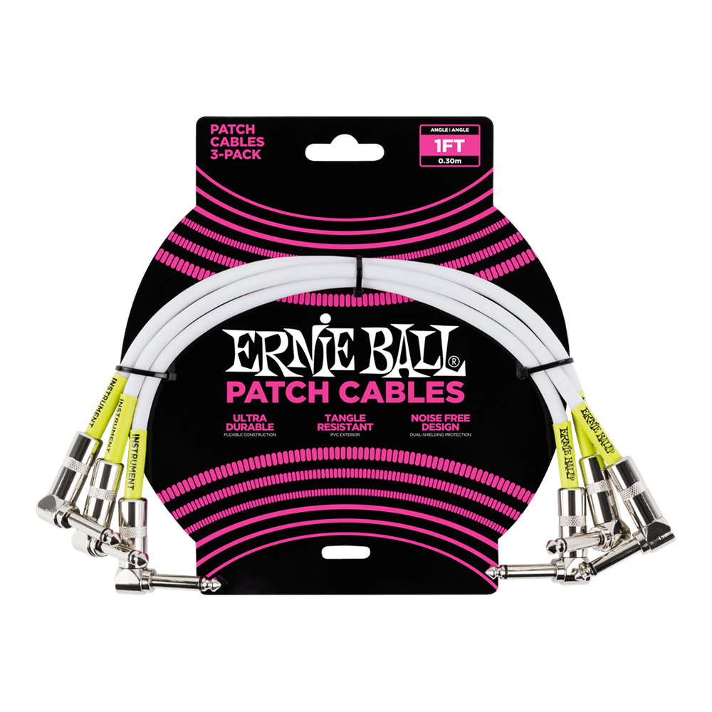 ERNIE BALL <br>#6055 1' Angle / Angle Patch Cable 3-Pack - White