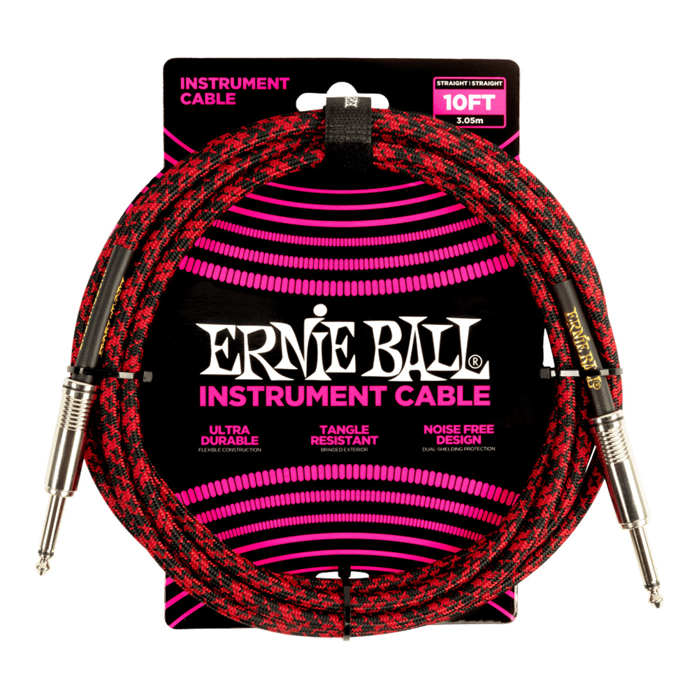 ERNIE BALL <br>#6394 10' Braided Straight / Straight Instrument Cable - Red Black