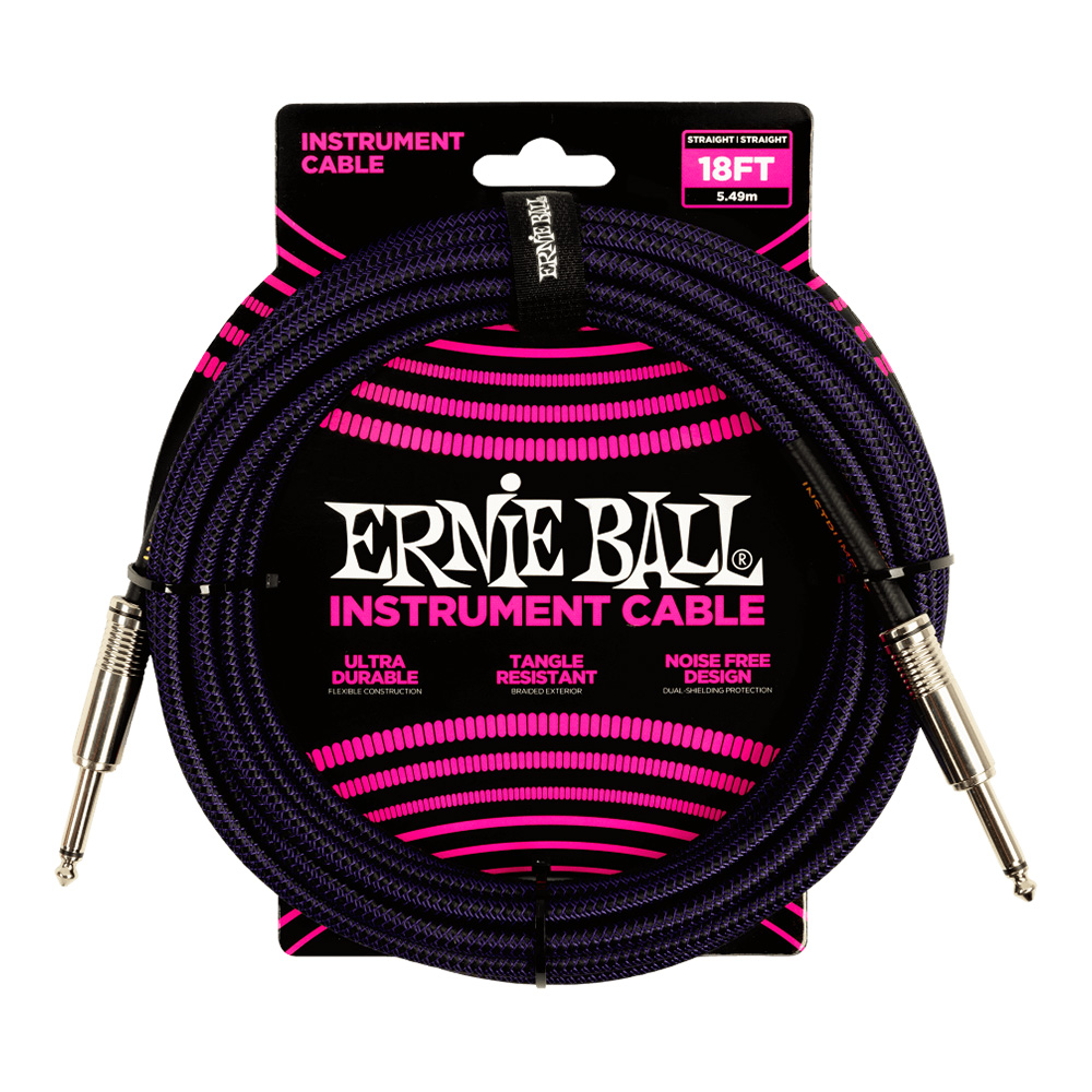 ERNIE BALL <br>#6395 18' Braided Straight / Straight Instrument Cable - Purple Black