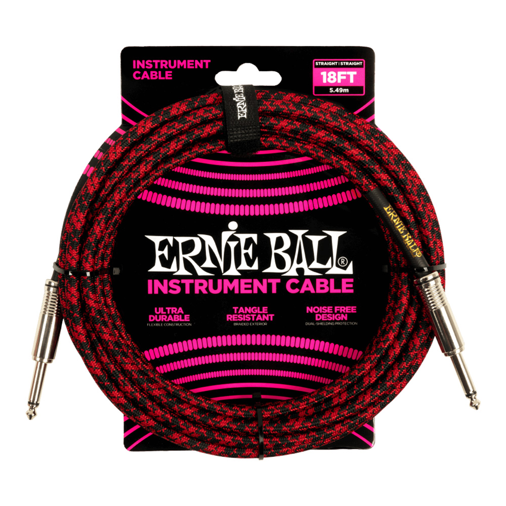 ERNIE BALL <br>#6396 18' Braided Straight / Straight Instrument Cable - Red Black