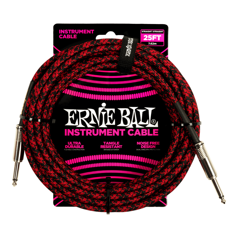 ERNIE BALL <br>#6398 25' Braided Straight / Straight Instrument Cable - Red Black