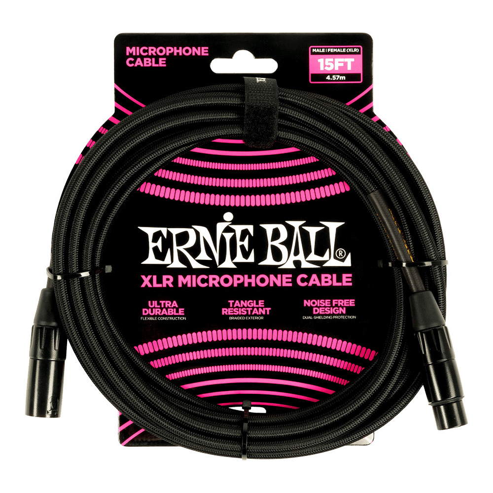 ERNIE BALL <br>#6391 15' Braided Male / Female XLR Microphone Cable - Black