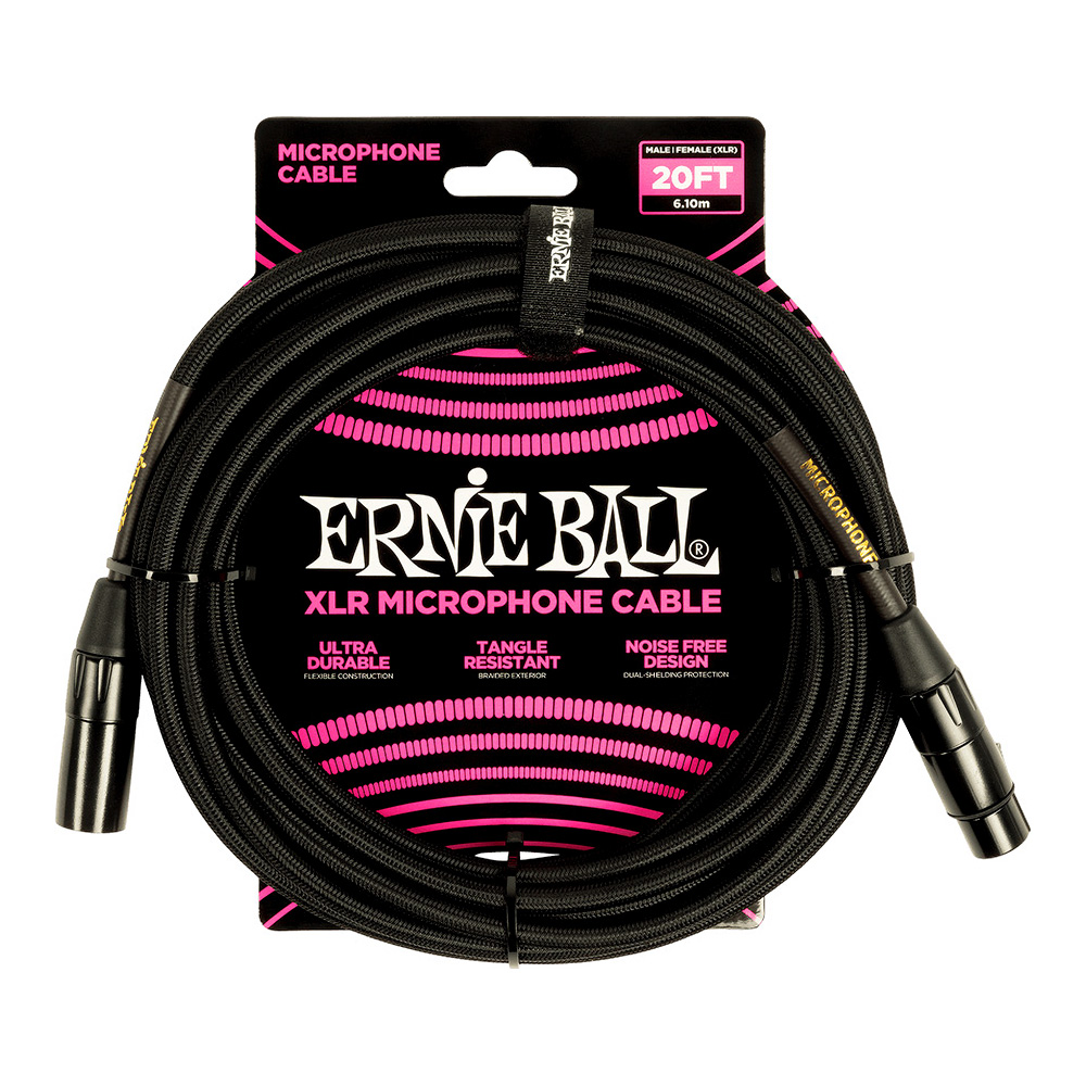 ERNIE BALL <br>#6392 20' Braided Male / Female XLR Microphone Cable - Black