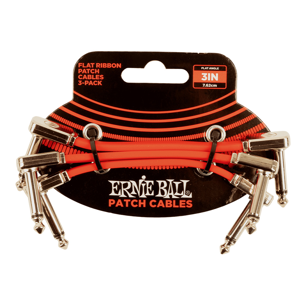 ERNIE BALL <br>#6401 3" Flat Ribbon Patch Cable 3-Pack - Red