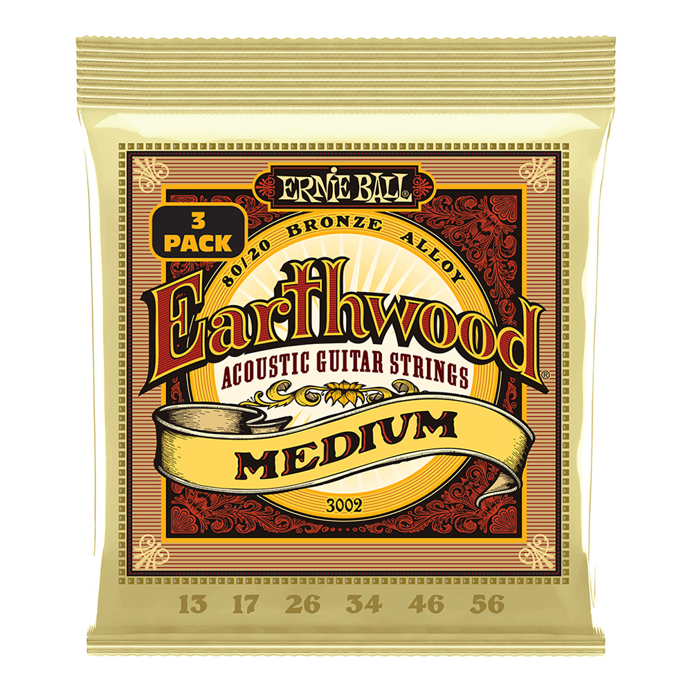 ERNIE BALL <br>#3002 Earthwood Medium 80/20 Bronze 13-56 [3 Pack]