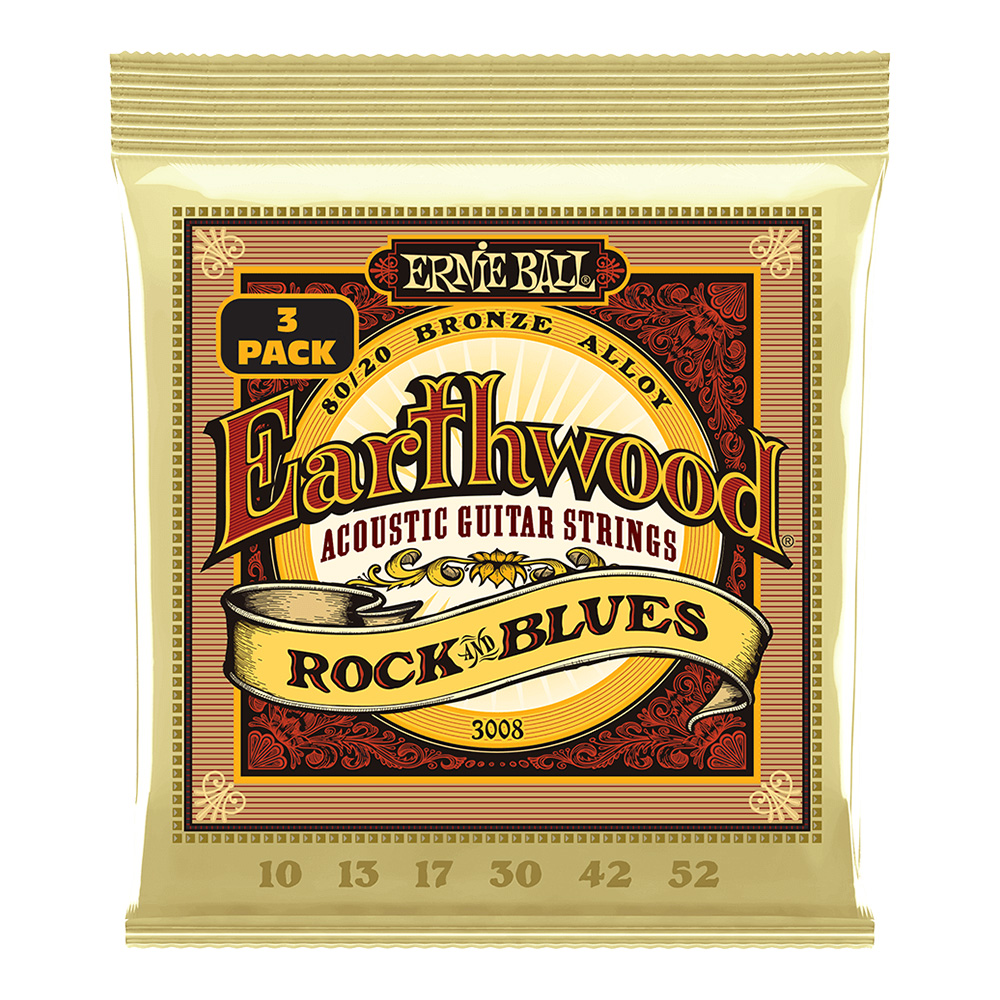 ERNIE BALL <br>#3008 Earthwood Rock and Blues w/ Plain G 80/20 Bronze 10-52 [3 Pack]