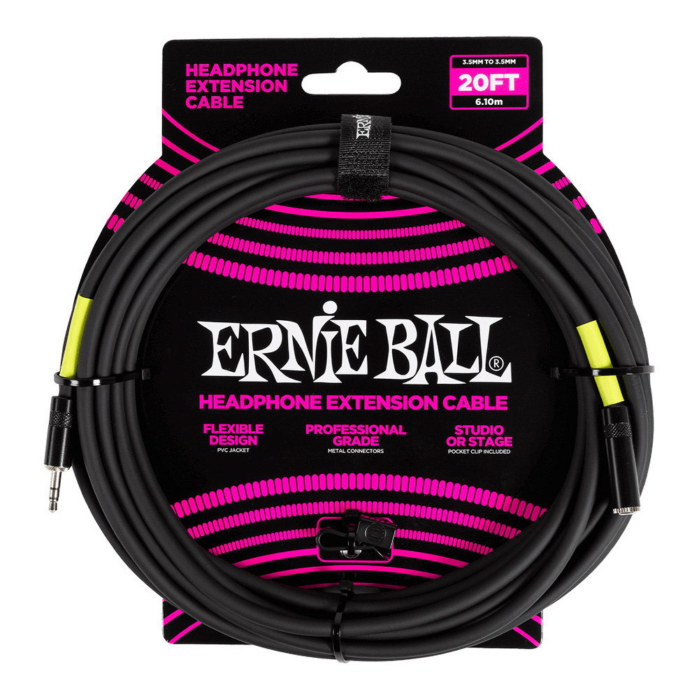 ERNIE BALL <br>#6425 Headphone Extension Cable 3.5mm to 3.5mm 20ft - Black